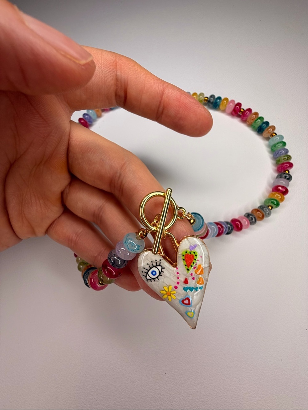 Multicolor Beaded Necklace with Heart Pendant - Picture 9 of 13